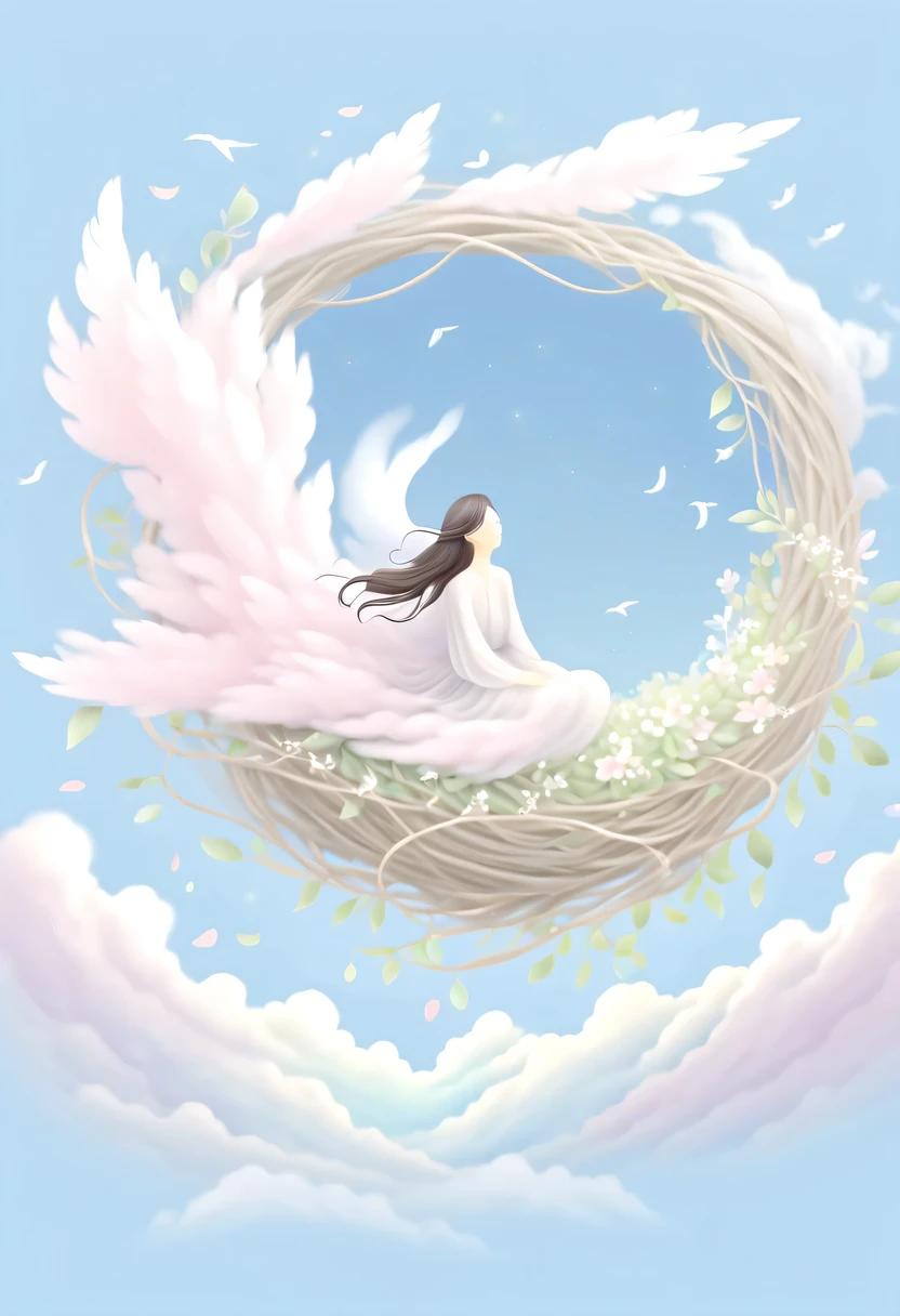 彩虹做的Nest里有一个仙女，Above the clouds，Nest，pastel tones，Light style，Comfortable and calm，nature，warm and cozy，garden，hyper detailed masterpiece, Dynamic, high quality,Floating Extra Large Ethereal Dream DonMW15pXL