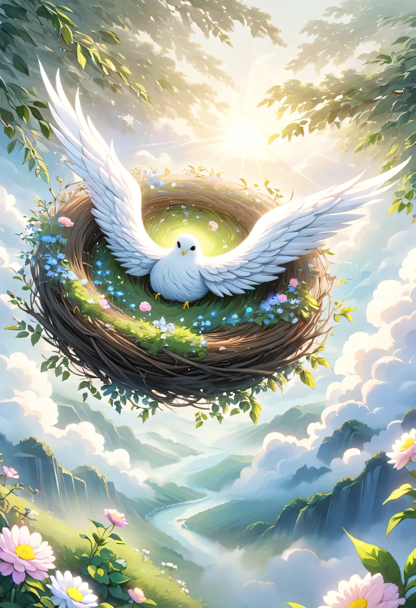 彩虹做的Nest里有一个仙女,Above the clouds,Nest,pastel tones,Light style,Comfortable and calm,nature,warm and cozy,garden,hyper detailed masterpiece, Dynamic, high quality,Floating Extra Large Ethereal Dream DonMW15pXL