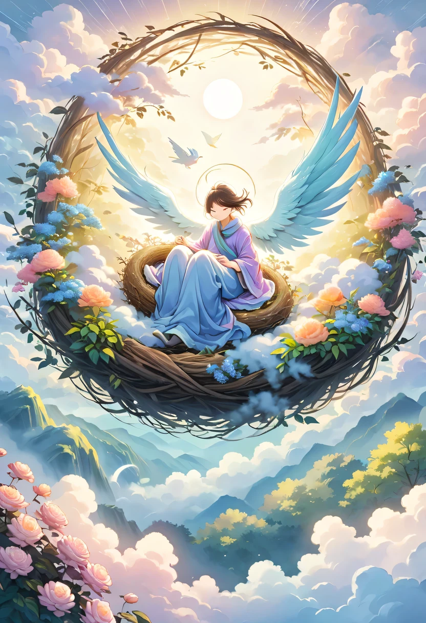 彩虹做的Nest里有一个仙女,Above the clouds,Nest,pastel tones,Light style,Comfortable and calm,nature,warm and cozy,garden,hyper detailed masterpiece, Dynamic, high quality,Floating Extra Large Ethereal Dream DonMW15pXL