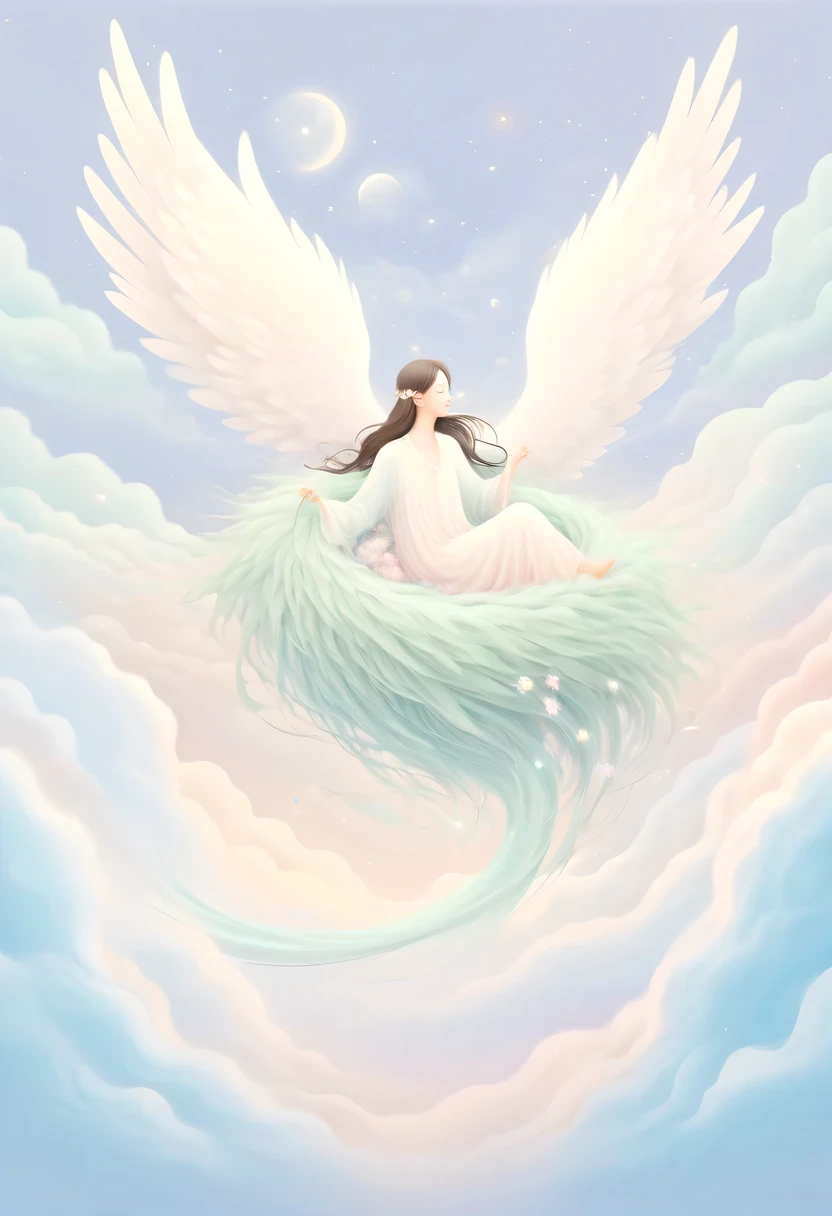 彩虹做的Nest里有一个仙女，Above the clouds，Nest，pastel tones，Light style，Comfortable and calm，nature，warm and cozy，garden，hyper detailed masterpiece, Dynamic, high quality,Floating Extra Large Ethereal Dream DonMW15pXL
