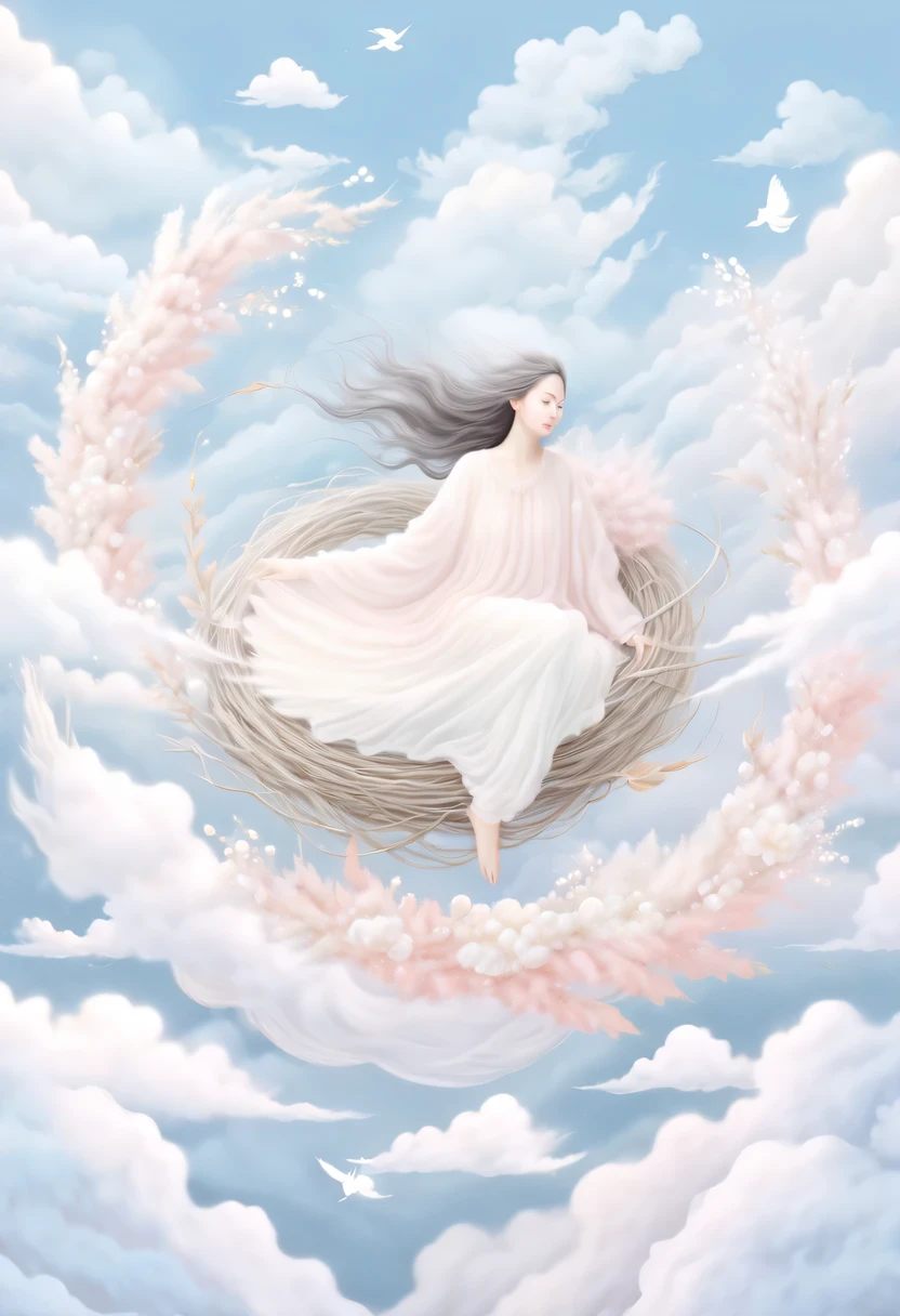 彩虹做的Nest里有一个仙女，Above the clouds，Nest，pastel tones，Light style，Comfortable and calm，nature，warm and cozy，garden，hyper detailed masterpiece, Dynamic, high quality,Floating Extra Large Ethereal Dream DonMW15pXL