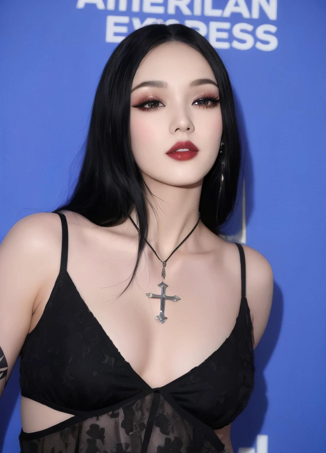 a close up of a woman with a cross necklace on her neck, 1 7 - year - old goth girl, wearing goth makeup, she has black hair, pale goth beauty, raven black hair, goth makeup, very beautiful goth top model, dark hair and makeup, her black hair is a long curly, she looks like a mix of grimes, gothic eyeliner, joy red velvet