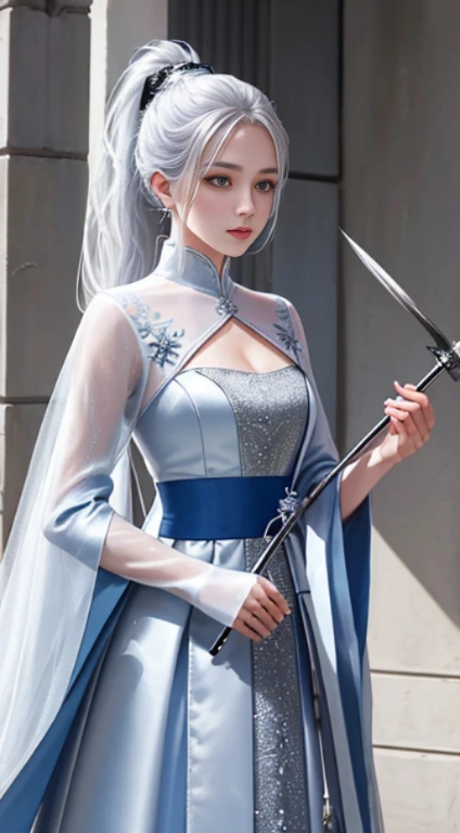 daughter，high school, etc，It has silvery white fur.，Single ponytail hairstyle，Good shape，holding a blue spear，The eyes are silver.，Dress in pink，Calm appearance looking at the camera