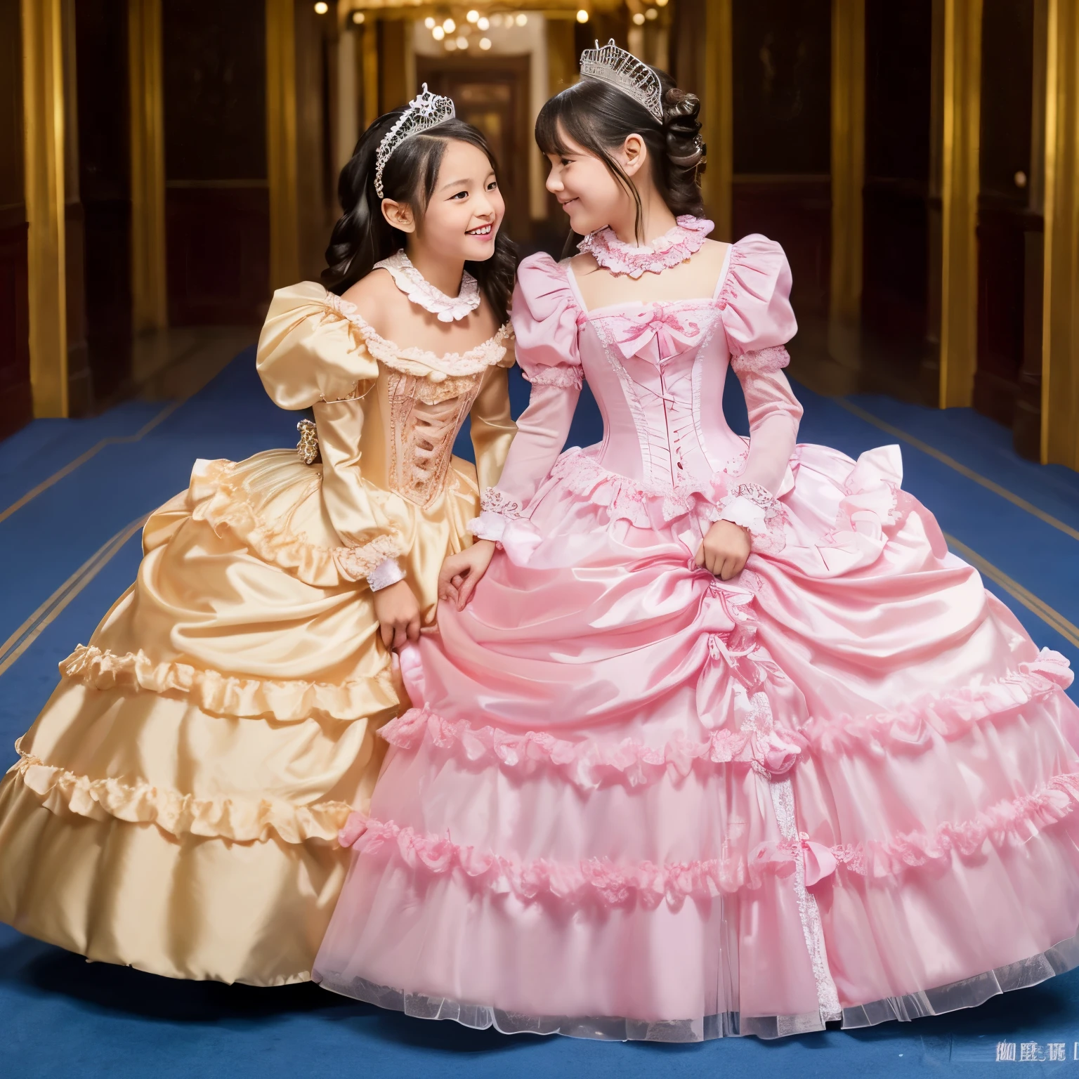 highest quality, masterpiece, highest resolution, artwork, super それにget used to it, many get used to it, get used to it, それにget used to it,, girl,cute girls,(()),((All girls)),girls are princesses,everyone wears a tiara on their head,((all have volume,She is wearing a pink Victorian ball gown dress with a full-length hoop skirt)),the dress is round and bulging,(Long sleeves with ruffles),((A long dress that almost touches the floor)),A dress with lots of frills and ribbons..,((ruffle yoke collar)),luxury,inside the palace,Satin fabric dresses,They are kissing.,lesbian,