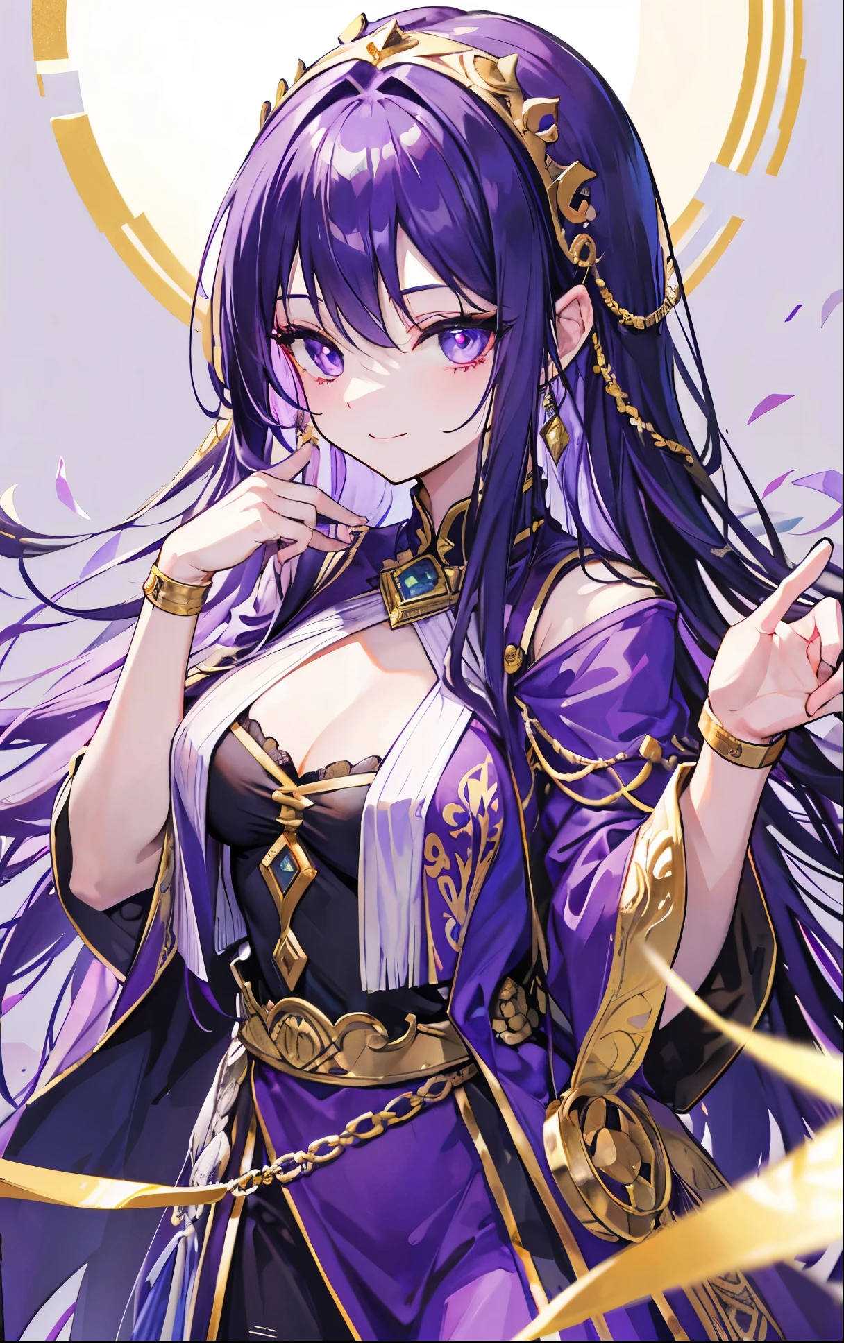 Ancient costume，long hair，purple clothes，Hand bandage，Head decorated with gold and silver，black pupils，The eyes are cold，enchanting，Smile