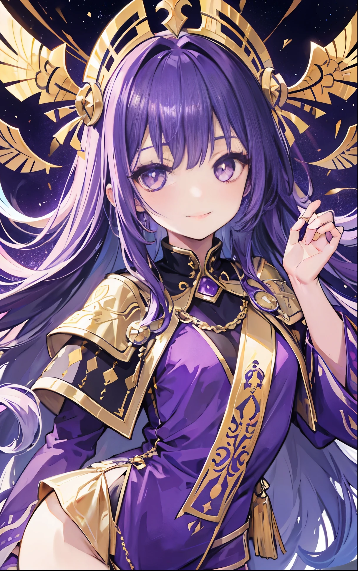 Ancient costume,long hair,purple clothes,Hand bandage,Head decorated with gold and silver,black pupils,The eyes are cold,enchanting,Smile