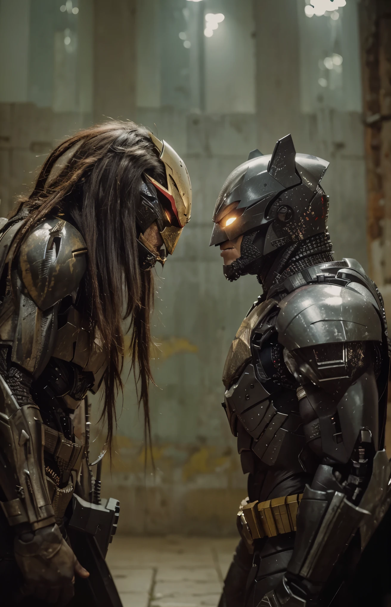 the predator vs mecha batman, highly detailed, high quality photos, 4k quality, no blurry spot