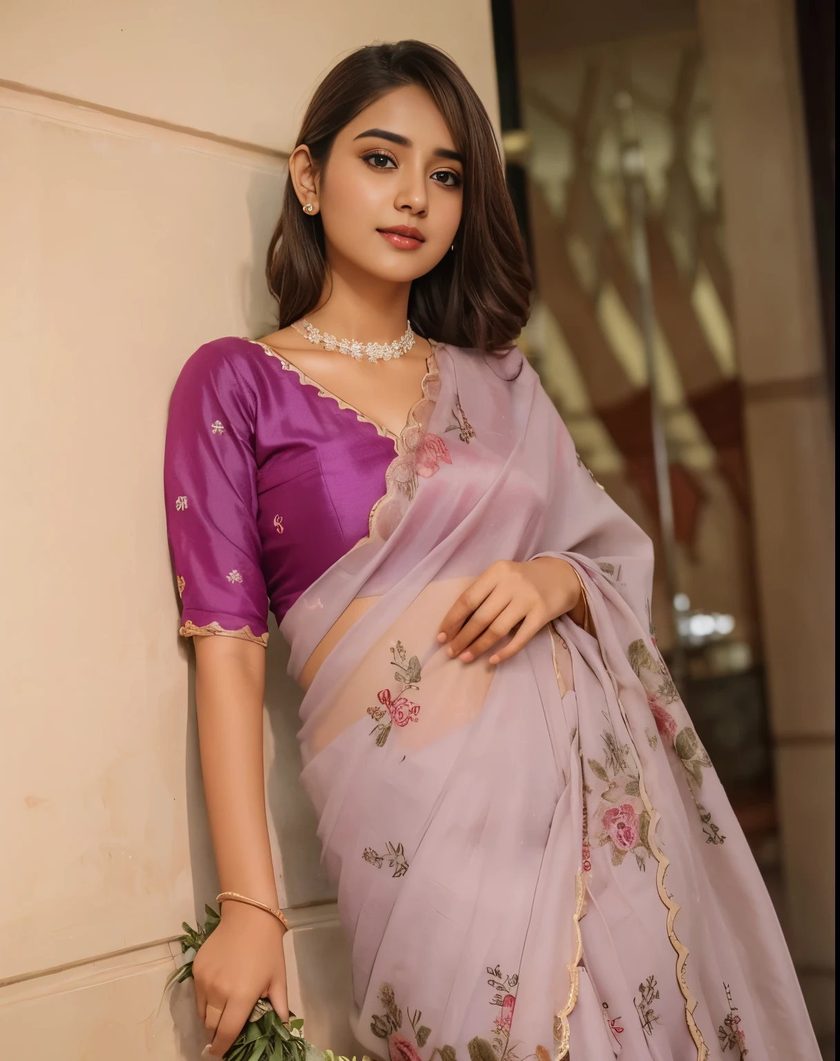 (iu:0.8),cleavage, RAW, Best quality, high resolution, Masterpiece: 1.3, Beautiful glasses hijabi scottish girl wearing rustic saree, Masterpiece, Soft smile, choker