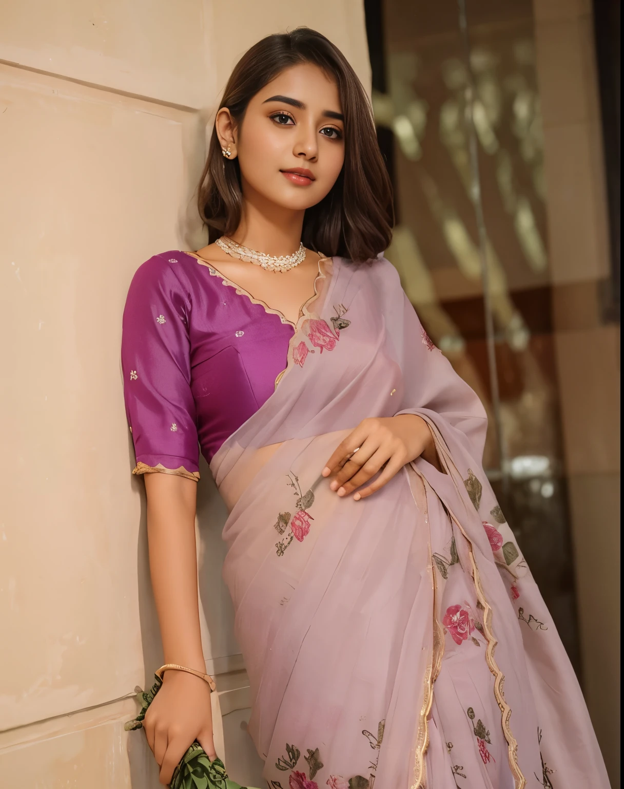 (iu:0.8),cleavage, RAW, Best quality, high resolution, Masterpiece: 1.3, Beautiful glasses hijabi scottish girl wearing rustic saree, Masterpiece, Soft smile, choker