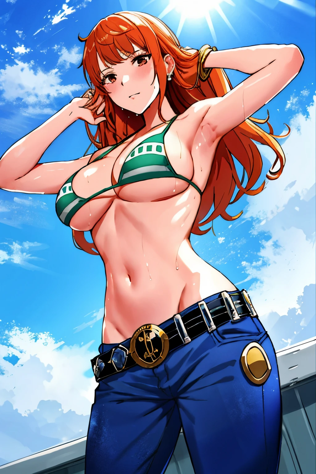 detailed background, masterpiece, 4K, best quality, 늦은 request소년, adult, wrestler body, 1 woman, Active, energetic, Uppercut, (Big mouth) , alone, Us \(One Piece\), 1 woman, bangle, (Very wet, Drenched in sweat, sweating all over, Very wet hair, tired, breathe, dehisce, exhausted, outcry, Sweaty face, sweaty body, Panting, sweating too much, Glittering sweat, sweaty armpits, trend, hands on hips, Serious, glaring), Perfect, detailed face, Draw bold lines, muscular arms, Detailed and thick arm lines, Flat chin, adult woman, wavy wide striped bangs, floating bangs, (Big cheeks), bare shoulders, off shoulder, belt, bikini, bikini top only, blue sky, bracelet, Elastic breasts, Breast line, Big round eyes, very large brown shiny eyes, foam, 높은 눈 stomach치, split, cloud, afternoon, request, earring, floating hair, shiny hair, green belt, green bikini, Thick groin line, requestpants, bijouterie, medium chest, Log Pose, long hair, looking at viewer, navel, wet hair, Orange hair, pants, shoulder Tattoo, side lock, sky, alone, standing, stomach, swimsuit, Tattoo , looking at viewer, dehisce, Detailed left arm, large forehead, hourglass shape, small head, A toned body, Broad head, wind effect, The Sun Effect, Under the sun, Narrow small ear angle, Previous, 무작stomach 포즈,