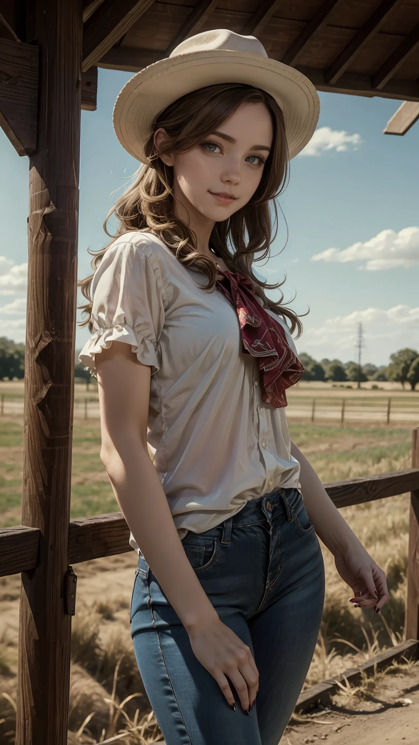 highest quality、masterpiece、ultra high resolution、24 year old white female、Hair color is brunette and purple gradation color、blue eyes、long hair、my hair is wavy、hair up style、smile、Slender but well-proportioned feminine body、wearing red nail polish、wearing a frilly blouse、wearing skinny jeans、I&#39;m wearing boos that cowboys wear.、I&#39;m punching my chest、wearing a cowboy hat、on a farm in america、There&#39;s a horse in the distance