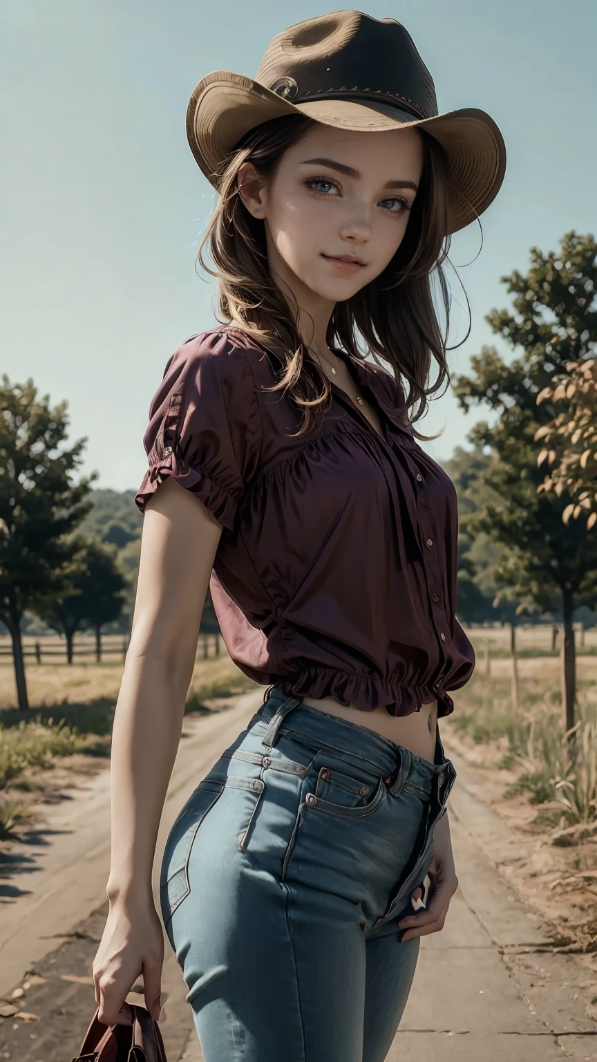 highest quality、masterpiece、ultra high resolution、24 year old white female、Hair color is brunette and purple gradation color、blue eyes、long hair、my hair is wavy、hair up style、smile、Slender but well-proportioned feminine body、wearing red nail polish、wearing a frilly blouse、wearing skinny jeans、I'm wearing boos that cowboys wear.、I'm punching my chest、wearing a cowboy hat、on a farm in america、There's a horse in the distance