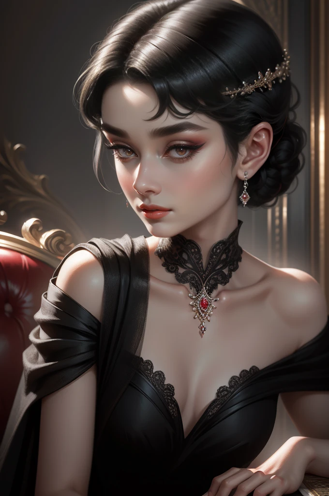 (Masterpiece - Ultra-Detailed, High Resolution) Prepare to be enchanted by a true masterpiece that combines ultra-detailed art with high-resolution rendering. This work shows a mesmerizing woman, with short, black hair, 1928s style,  Audrey Hepburn (1.3) and captivating dark brown eyes (1.2), New York illustration style, wearing red lipstick, emanating an aura of elegance and mystery. Wearing classic 1928s clothing.  Intricate details and realistic textures invite you to explore every aspect of this enchanting composition. Black dress. Reading, writing, , dynamic poses, mouth closed. Different posture, with chin resting on shoulder. Get ready to dive into a world where beauty and craftsmanship merge perfectly.