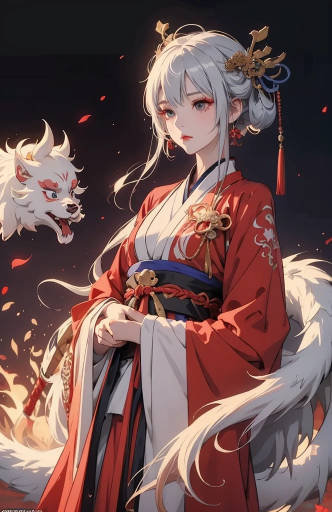 一个穿着红白裙子的女人身边环绕着一条白dragon,, A girl wearing Hanfu, dragon女肖像, dragon, Chinese style, White-haired God, style anime, Onmyoji portrait, High quality anime art style, Onmyoji, guweiz, anime style 4k, anime cover, Beautiful anime style, 一个美丽的dragon族女人