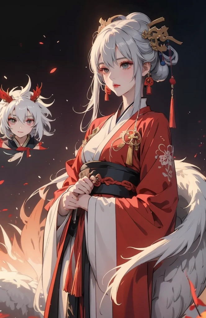一个穿着红白裙子的女人身边环绕着一条白dragon,, A girl wearing Hanfu, dragon女肖像, dragon, Chinese style, White-haired God, style anime, Onmyoji portrait, High quality anime art style, Onmyoji, guweiz, anime style 4k, anime cover, Beautiful anime style, 一个美丽的dragon族女人