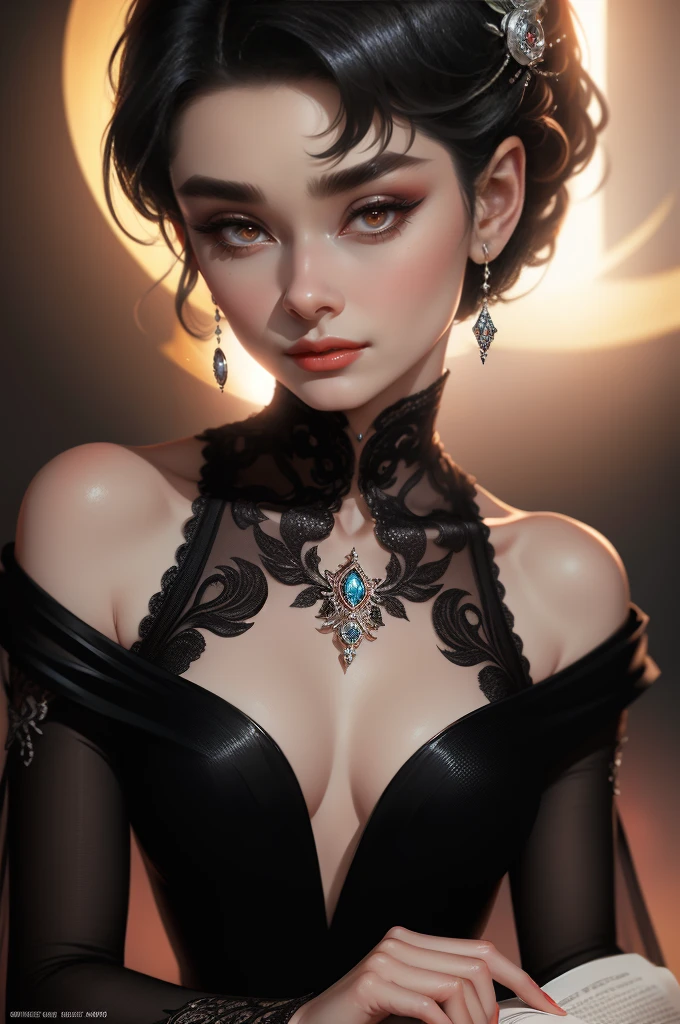 (Masterpiece - Ultra-Detailed, High Resolution) Prepare to be enchanted by a true masterpiece that combines ultra-detailed art with high-resolution rendering. This work shows a mesmerizing woman, with short, black hair, 1928s style,  Audrey Hepburn (1.3) and captivating dark brown eyes (1.2), New York illustration style, wearing red lipstick, emanating an aura of elegance and mystery. Wearing classic 1928s clothing.  Intricate details and realistic textures invite you to explore every aspect of this enchanting composition. Black dress. Reading, writing, , dynamic poses, mouth closed. Different posture, with chin resting on shoulder. Get ready to dive into a world where beauty and craftsmanship merge perfectly.