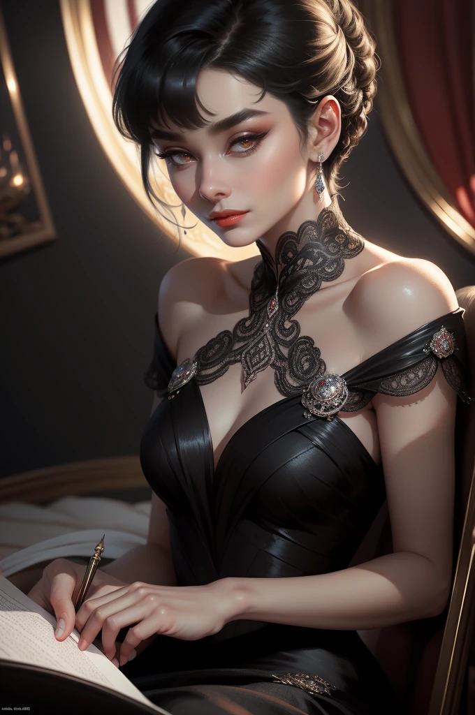 (Masterpiece - Ultra-Detailed, High Resolution) Prepare to be enchanted by a true masterpiece that combines ultra-detailed art with high-resolution rendering. This work shows a mesmerizing woman, with short, black hair, 1928s style, Audrey Hepburn (1.3) and captivating dark brown eyes (1.2), New York illustration style, wearing red lipstick, emanating an aura of elegance and mystery. Wearing classic victorian dress 1928s clothing. Intricate details and realistic textures invite you to explore every aspect of this enchanting composition. Black dress. reading, writing, walking, backwards, lying down, standing, dynamic poses, mouth closed. Different posture , dynamic poses, mouth closed. Different posture, with chin resting on shoulder. Perfect fingers. Get ready to dive into a world where beauty and craftsmanship merge perfectly.