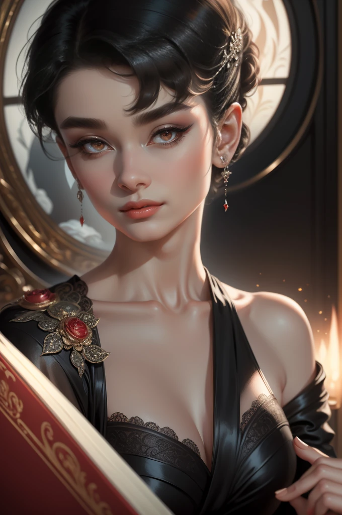 (Masterpiece - Ultra-Detailed, High Resolution) Prepare to be enchanted by a true masterpiece that combines ultra-detailed art with high-resolution rendering. This work shows a mesmerizing woman, with short, black hair, 1928s style, Audrey Hepburn (1.3) and captivating dark brown eyes (1.2), New York illustration style, wearing red lipstick, emanating an aura of elegance and mystery. Wearing classic 1928s clothing. Intricate details and realistic textures invite you to explore every aspect of this enchanting composition. Black dress. Reading, writing, , dynamic poses, mouth closed. Different posture, with chin resting on shoulder. Get ready to dive into a world where beauty and craftsmanship merge perfectly.