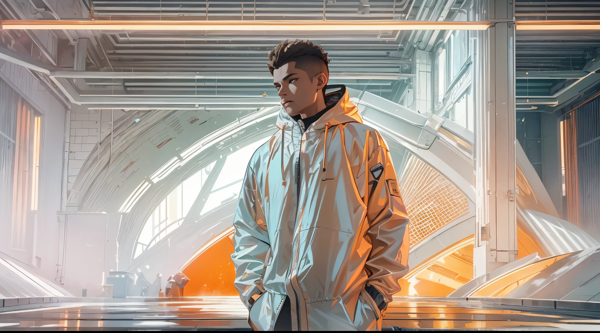 Capture the breathtaking moment as a young man, dressed in a crisp white windbreaker hoodie faces an ominous orange light structure in a futuristic white building creating a raw and emotional masterpiece. This ultra-high resolution, photorealistic full-body portrait is bathed in the warm glow of sunlight, capturing the essence of the scene. The style is reminiscent of mecha sci-fi anime, presented in an impressive 8K resolution for unparalleled image quality. Crafted with Unreal Engine 5, the artwork features ultra-realistic 64K CG, skin texture at 1.4, and an evocative orange volumetric fog, adding depth and atmosphere to the narrative. Further detailing includes 8K UHD, DSLR quality, film grain, and the artistic nuances of lomography, resulting in a visually stunning composition that seamlessly blends high-quality visuals, translucent effects, and photorealism to truly captivate the viewer.