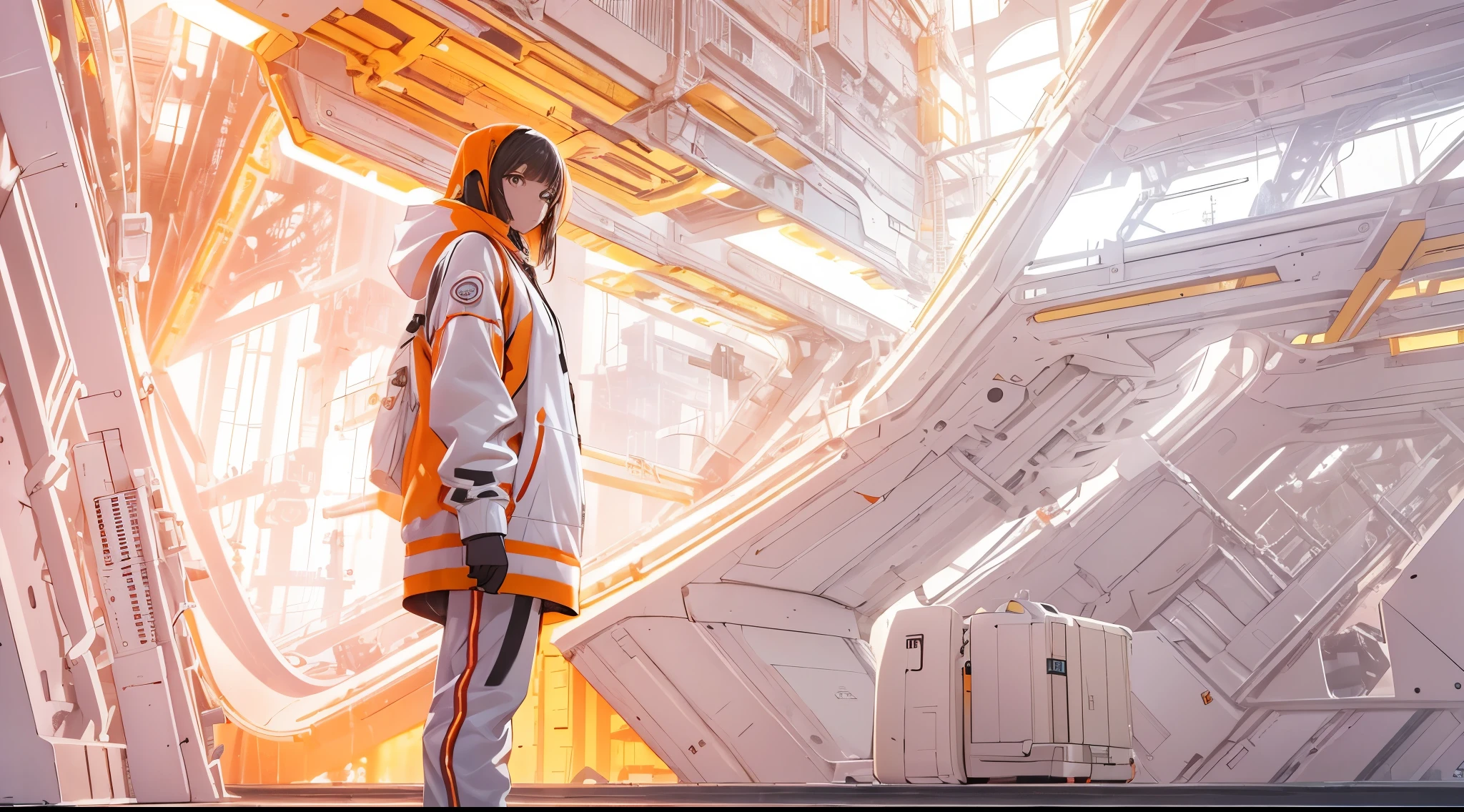 Capture the breathtaking moment as a young man or woman, dressed in a crisp white windbreaker hoodie faces an ominous orange light structure in a futuristic white building creating a raw and emotional masterpiece. This ultra-high resolution, photorealistic full-body portrait is bathed in the warm glow of sunlight, capturing the essence of the scene. The style is reminiscent of mecha sci-fi anime, presented in an impressive 8K resolution for unparalleled image quality. Crafted with Unreal Engine 5, the artwork features ultra-realistic 64K CG, skin texture at 1.4, and an evocative orange volumetric fog, adding depth and atmosphere to the narrative. Further detailing includes 8K UHD, DSLR quality, film grain, and the artistic nuances of lomography, resulting in a visually stunning composition that seamlessly blends high-quality visuals, translucent effects, and photorealism to truly captivate the viewer.