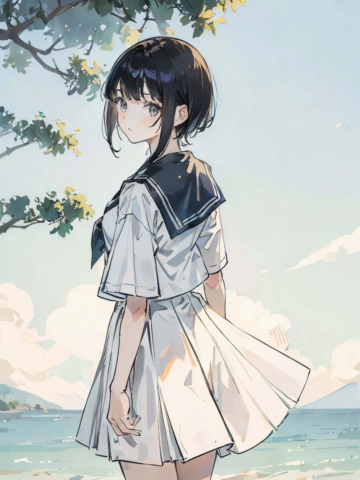 Close-up of a girl in a sailor suit with short black hair、peek out from behind the tree、Gravure style、white skirt、summer