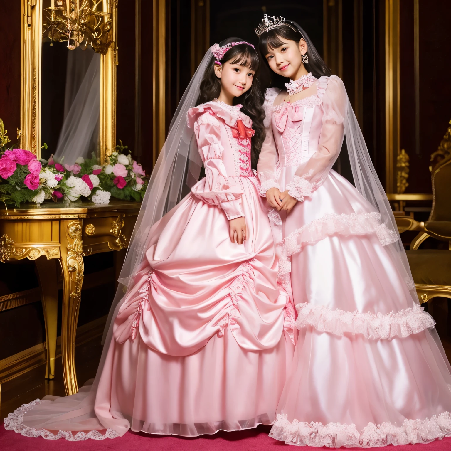 highest quality, masterpiece, highest resolution, artwork, super それにget used to it, many get used to it, get used to it, それにget used to it,, girl,cute girls,(()),((All girls)),girls are princesses,everyone wears a tiara on their head,((all have volume,She is wearing a pink Victorian ball gown dress with a full-length hoop skirt)),the dress is round and bulging,(Long sleeves with ruffles),((A long dress that almost touches the floor)),A dress with lots of frills and ribbons..,((ruffle yoke collar)),luxury,inside the palace,Satin fabric dresses,They are kissing.,lesbian,behind a canopy bed,