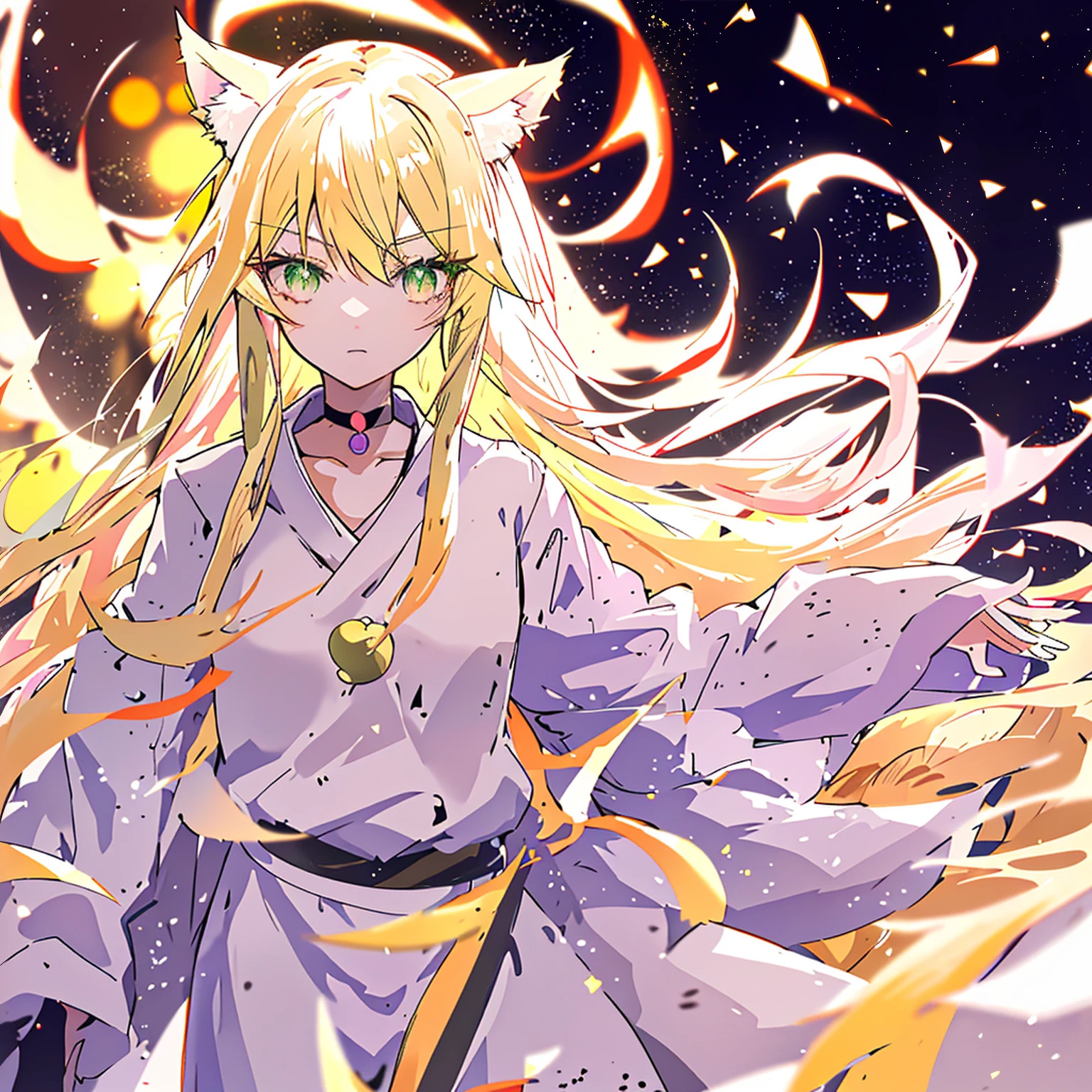 Anime manga girl，long blond hair and green eyes，wearing white shirt, anime cat girl, Anime cute art style, However, Shikami, cute anime catgirl, Holo is a wolf girl, Cat ears anime girl, Internal medicine rice rice, Fox letter, tornado, Change, sheila furry affinity，front，Shoulder symmetry