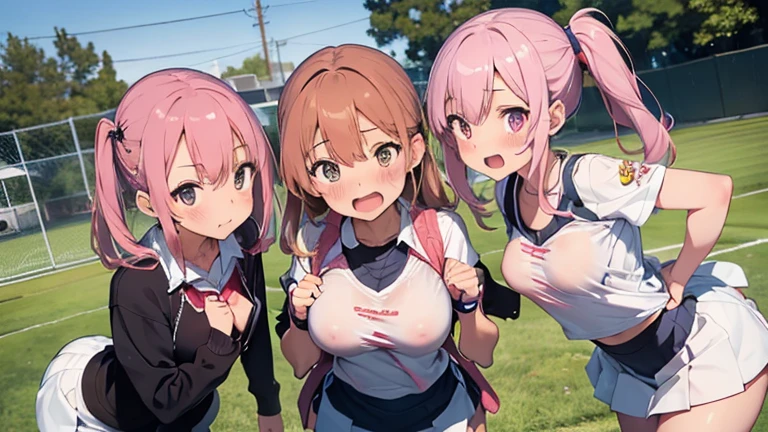 mastute piece,Best Quality,insanely detailed,8k cg,nsfw,
take a picture of the whole body,3girl,3girls line up,bra lift,3girls look at front,(tennis uniform),open clothes,blush,shy,ecstasy face,gasping,3girls pink hair,perfect breasts,perfect nipples,open mouth,テニスコート,
