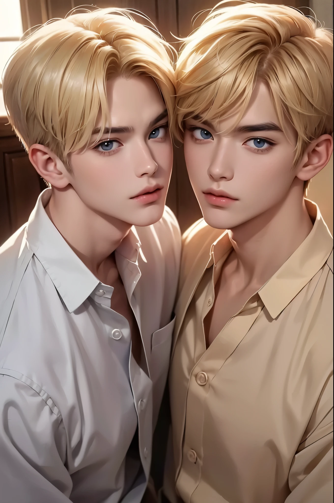 (masutepiece), (Best Quality), Highly detailed, twin brothers, Perfect face, Beautiful face, extra detailed face, looking at the viewer, blonde hair, short hair, korean, two boys