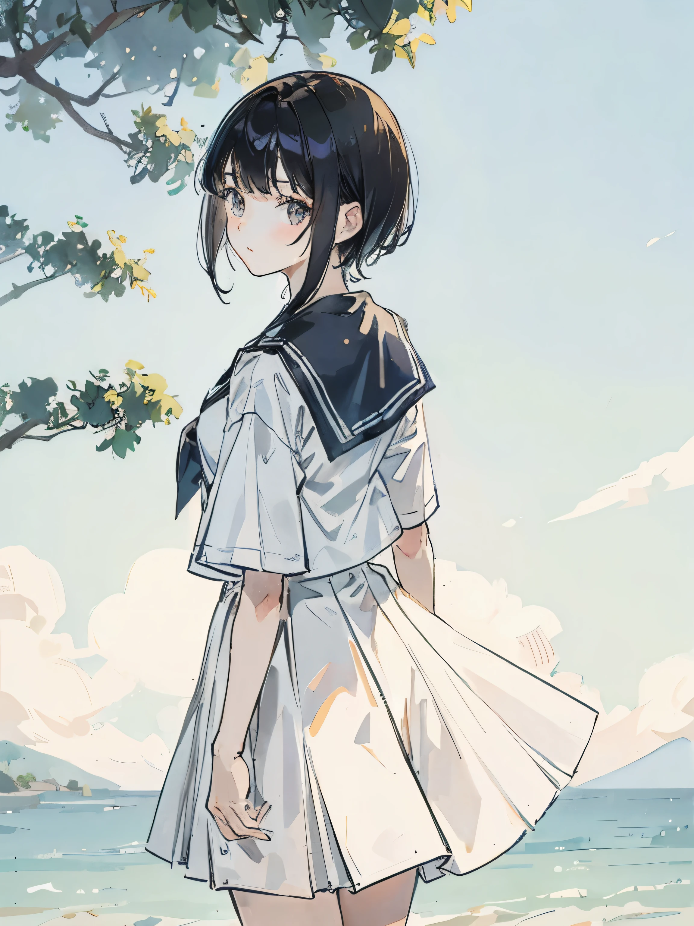 Close-up of a girl in a sailor suit with short dark hair、Peeking out from behind the tree、Gravure style、white skirt、summer