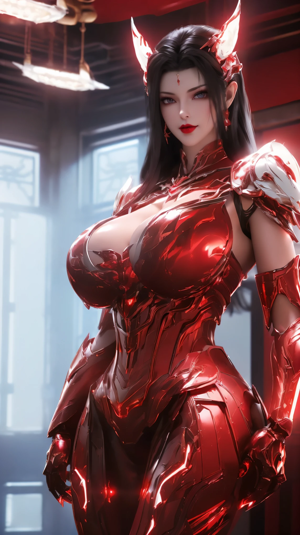 A BUSTY MILF, PORTRAIT, UPPER BODY, SOLO, (BEAUTY BLACK HAIR, GOLD DRAGON HORN), (MASSIVE FAKE BOOBIES,CLEAVAGE TOP,MUSCLE ABS:1.5), ((WEARING OUTFIT (LED RED, LED WHITE, LED BLACK) SHINY ROBOT MECHANICAL LINGERIE ARMOR:1.5)),(CURVY VOLUPTUOUS BODY MATURE WOMAN:1.5), (SWEATY GLOSSY BODYSKIN:1.5), (LOOKING AT VIEWER:1.6), (BACKGROUND FUTURISTIC SPACE STATION:1), (PHOTOREALSITIC:1.4), (ULTRA-DETAILLIERT), (TOP-QUALITY), (BEST SHADOWS), BRIGHT LIGHT IN ROOM, HYPER TEXTURE, (4X MSAA), ((UNREAL ENGINE 5 RENDER)), PHYSICALLY-BASED RENDERING, ULTRA HIGHT DEFINITION, 16K, 1080P.