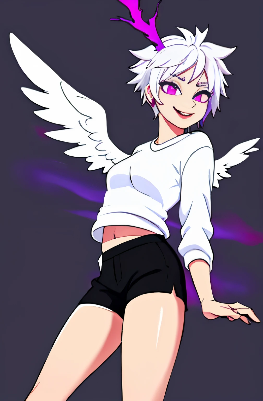 A non-binary person with angel dust style white hair, with red and purple eyes, smiling, wearing black shorts and white sweater with eyes covering it