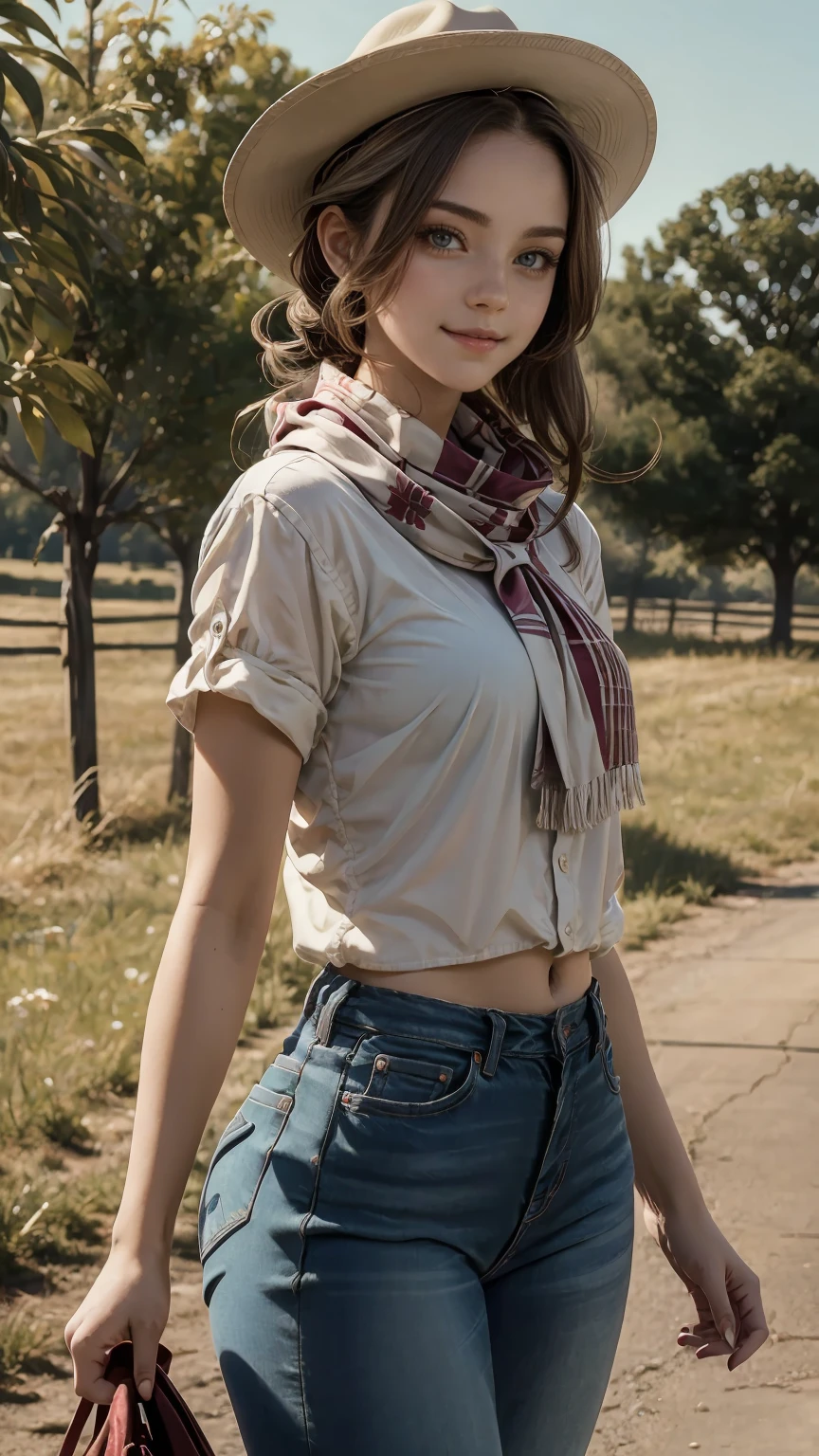 highest quality、masterpiece、ultra high resolution、24 year old white female、Hair color is brunette and purple gradation color、blue eyes、long hair、my hair is wavy、hair up style、smile、Slender but well-proportioned feminine body、wearing red nail polish、wearing a frilly blouse、wearing skinny jeans、I'm wearing boos that cowboys wear.、I'm punching my chest、wearing a cowboy hat、I'm wearing a scarf around my neck、on a farm in america、There's a horse in the distance