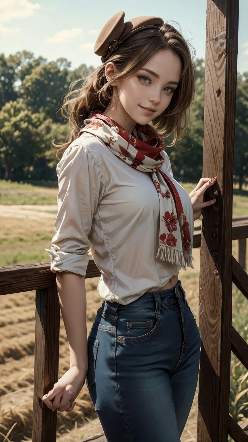 highest quality、masterpiece、ultra high resolution、24 year old white female、Hair color is brunette and purple gradation color、blue eyes、long hair、my hair is wavy、hair up style、smile、Slender but well-proportioned feminine body、wearing red nail polish、wearing a frilly blouse、wearing skinny jeans、I&#39;m wearing boos that cowboys wear.、I&#39;m punching my chest、wearing a cowboy hat、I&#39;m wearing a scarf around my neck、on a farm in america、There&#39;s a horse in the distance