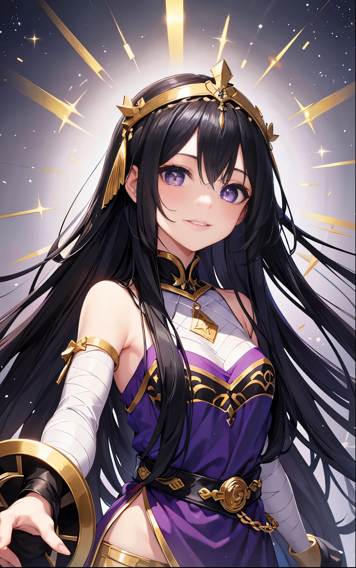 Ancient costume,long black hair,purple clothes,White bandage on right hand,Head decorated with gold and silver,black pupils,The eyes are cold,enchanting,Smile
