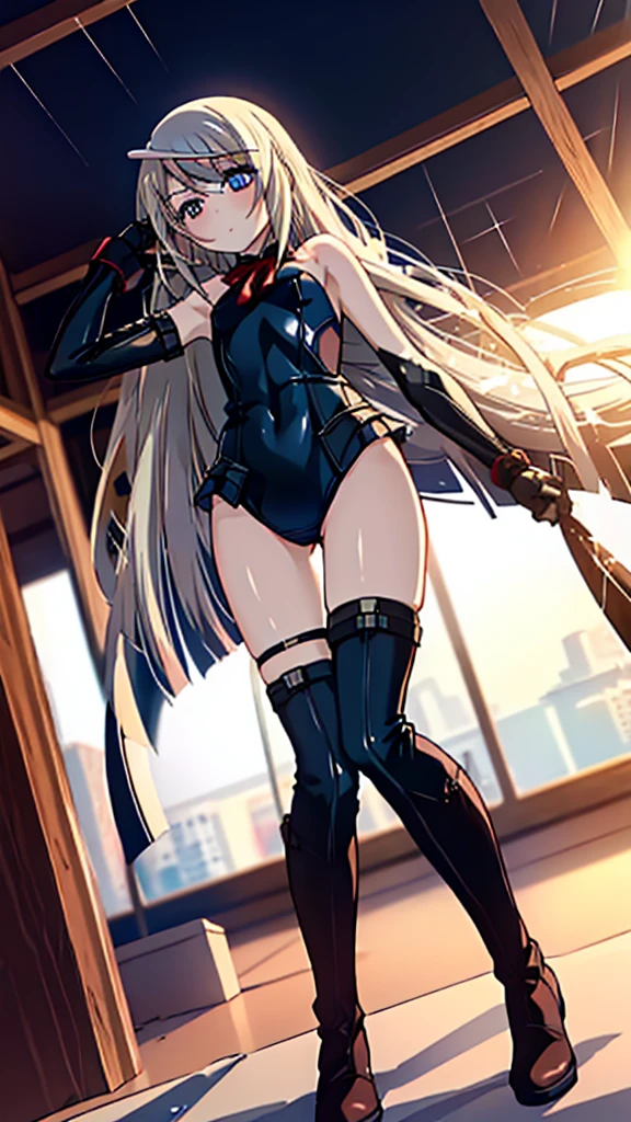 highest quality,sleep on your back in bed,Crab crotch,show me your boots,thigh high boots,leotardチラ見せ,glove,elegant, 1 girl, leotard,body suit,cute, blushed, looking at the viewer, from below, prison,blue eyes, beautiful eyes, beautiful background, particles of light, Light of the sun, dramatic lighting, outside, shiny, realistic, table top, highest quality, Super detailed, get used to it, scenery, beautiful and detailed eyes, thin hair,full body shot,