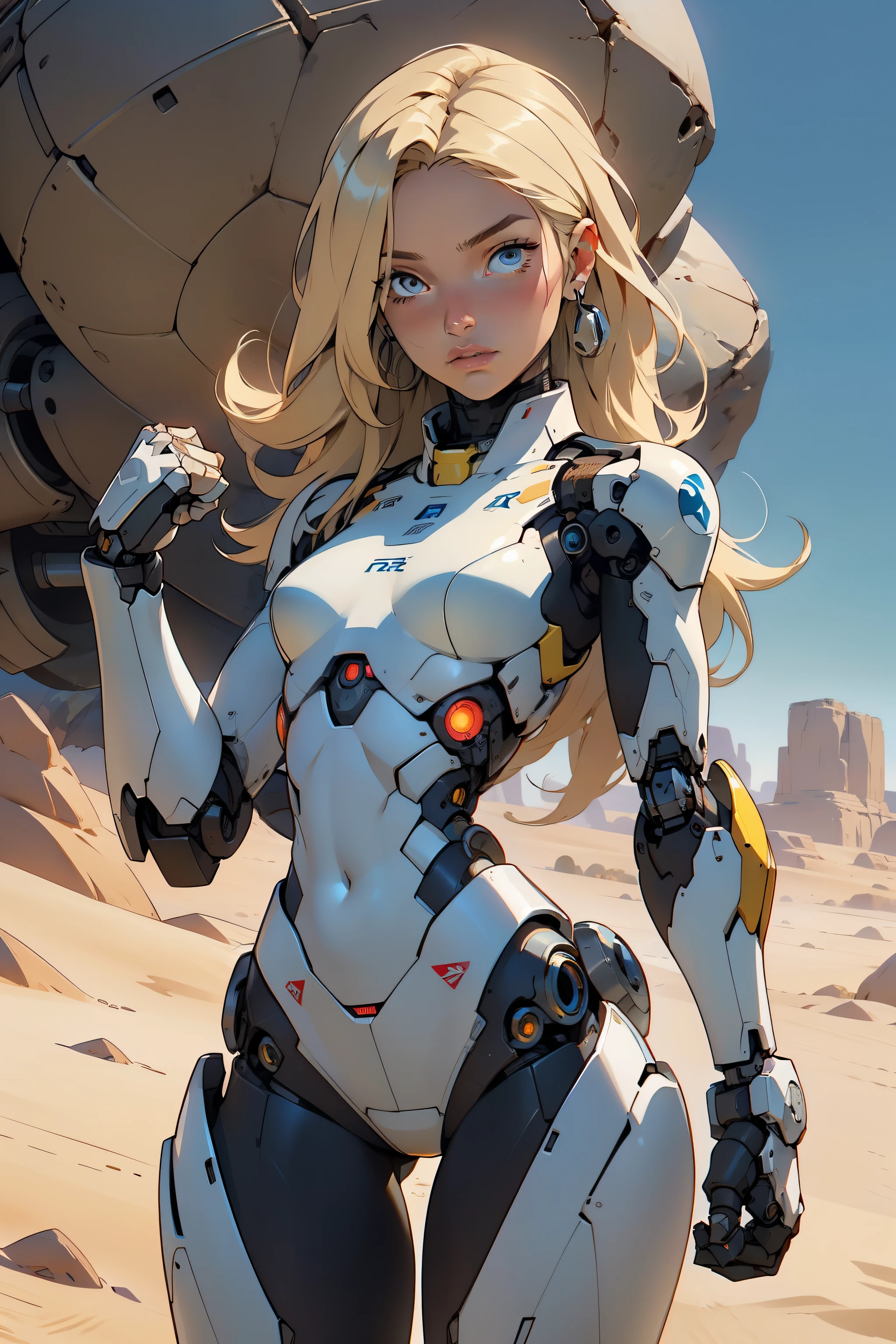 high quality, 4k, masterpiece, beautiful, cyborg girl, cowboy shot, dull eyes, looking at viewer, long blonde hair, girl, small breasts, fit thigh, robotic arms, robotic body, cyborg body, yellow accent, intricate detail, joint, detailed lines, robotic detail, holding fist up, holding hand up as fist, color robotic parts, robotic parts with color, perfect fingers, on a desert planet, sunny background, colorful desert,