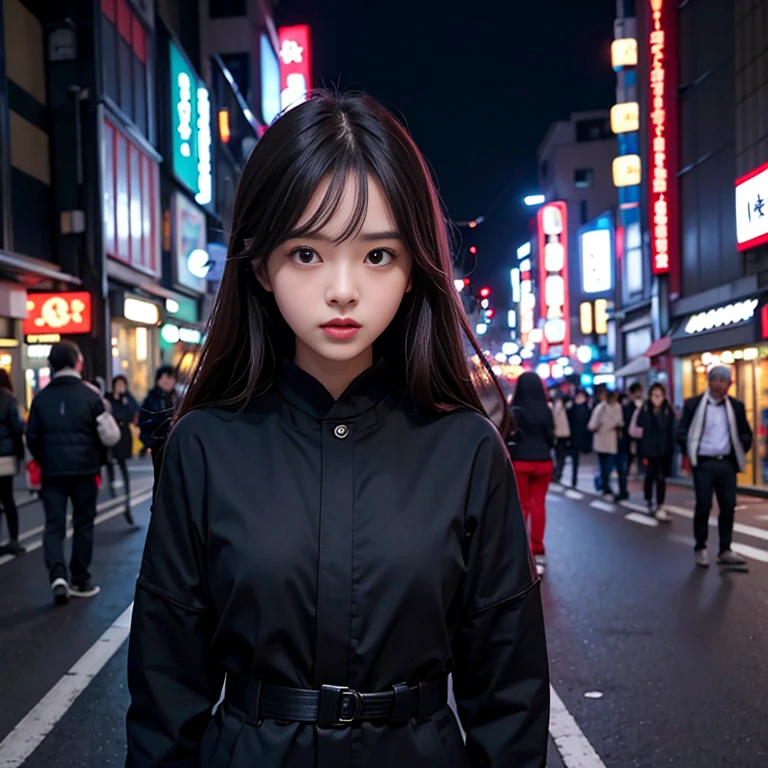 1 girl, tokyo street,night, cityscape,city lights, Upper body,close, 8K, RAW photo, highest quality, masterpiece,realistic, photo-realistic,