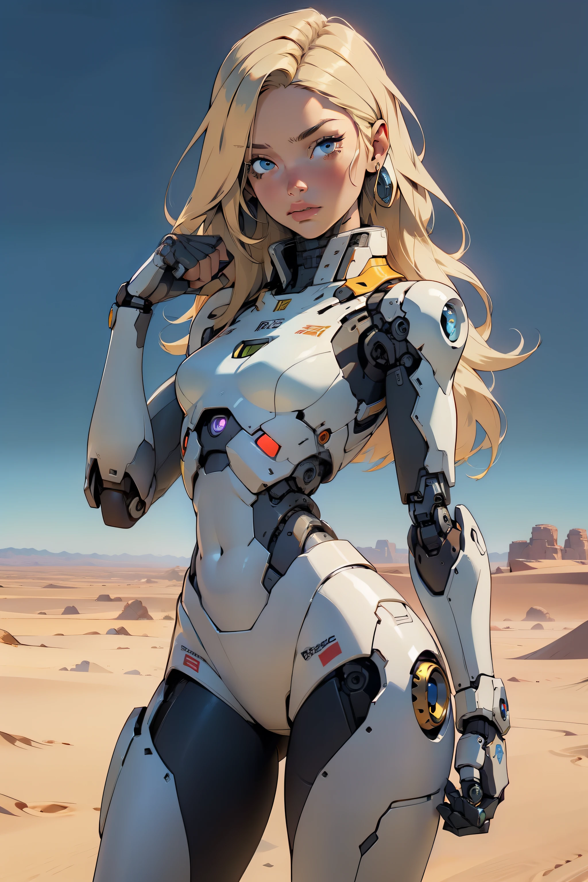 high quality, 4k, masterpiece, beautiful, cyborg girl, cowboy shot, dull eyes, looking at viewer, long blonde hair, girl, small breasts, fit thigh, robotic arms, robotic body, cyborg body, yellow accent, intricate detail, joint, detailed lines, robotic detail, holding fist up, holding hand up as fist, color robotic parts, robotic parts with color, perfect fingers, on a desert planet, sunny background, colorful desert,