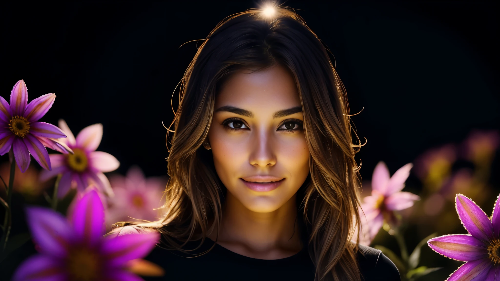 beautiful woman Jessica Burciaga with a faint smile, a neutral star shining alone in the deep, dark space. she must be alone in the light and flowers around her. Black background, ultra detailed, extremely sharp focus, UHD, 8k. movement 7