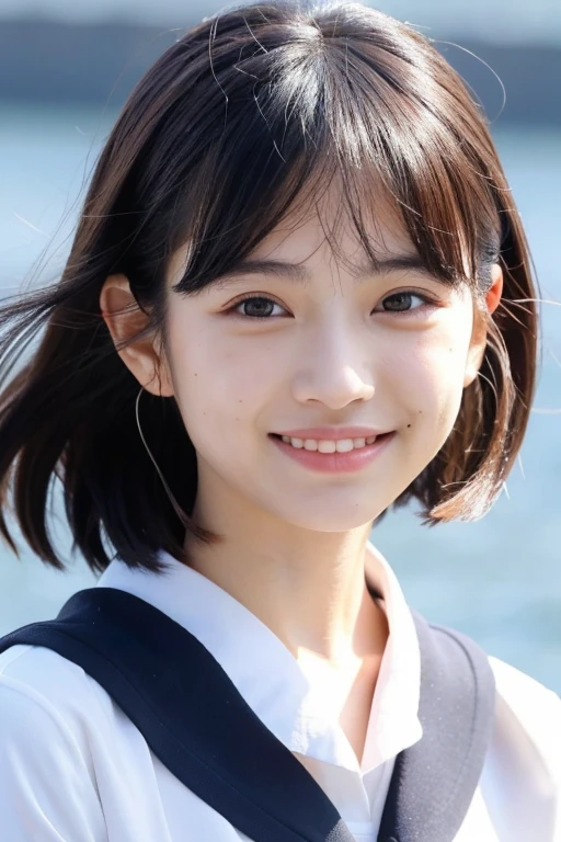 High quality 4K、Japan idol faces、10th generation、middle hair、black hair、medium meat、everyday clothes、smile、sailor suit