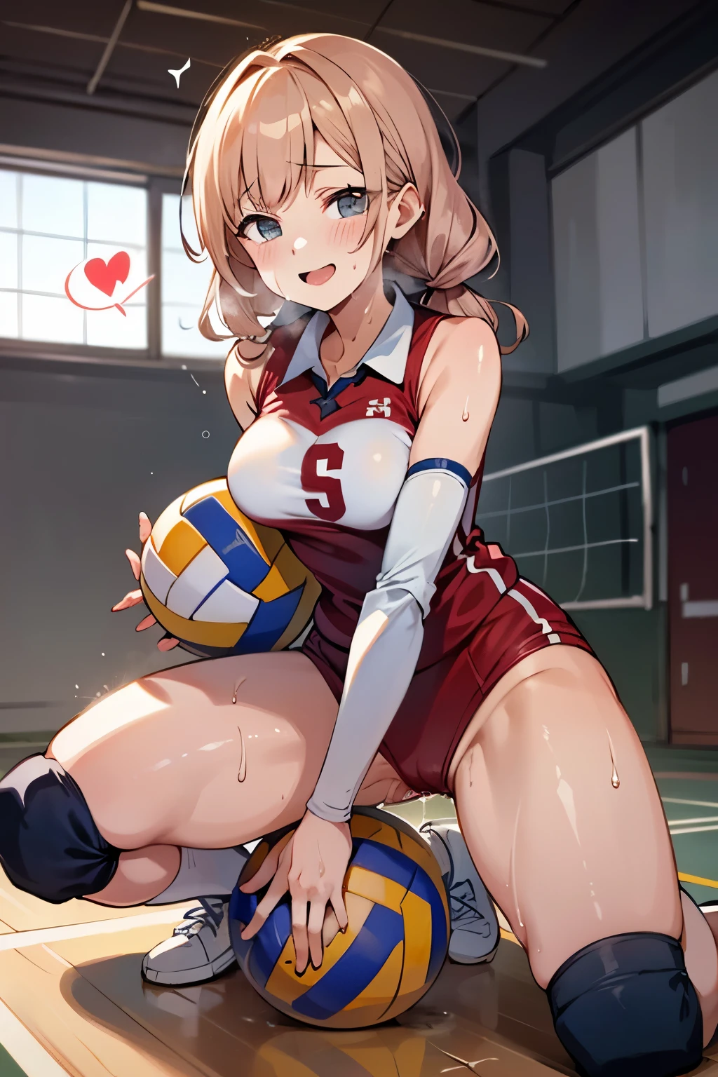 unity 8k wallpaper, anatomically correct, (((masterpiece))), (((best quality))), (((ultra detailed))), (((high-resolution))), ((Ultimate cutie)), perfect hands, perfect finger, (((good anatomy))), detailed beautiful face, shiny hair, (((gyaru))), (potbelly), (curvy), medium breasts, ((Thick thighs)), (((solo))), ((seductive smile)), (((blush))), (half open mouth),
BREAK, (((sit astride the perfectly spherical shape 6-inch volleyball))), (((Straddling a perfectly spherical 6" volleyball))), (((Perfectly spherical 6" volleyball fits perfectly crotch))), BREAK, (((Rub the Perfectly spherical 6" volleyball against crotch))),
BREAK, (Collared volleyball uniforms), sleeveless, ((buruma)), ((kneepad)), (pussy juice stained), (elbow pad), (((sweat))), (((covered in sweat))), ((deep breathing)), in Volleyball Court, indoor, lighting, looking at viewer, full body, (spoken heart)
