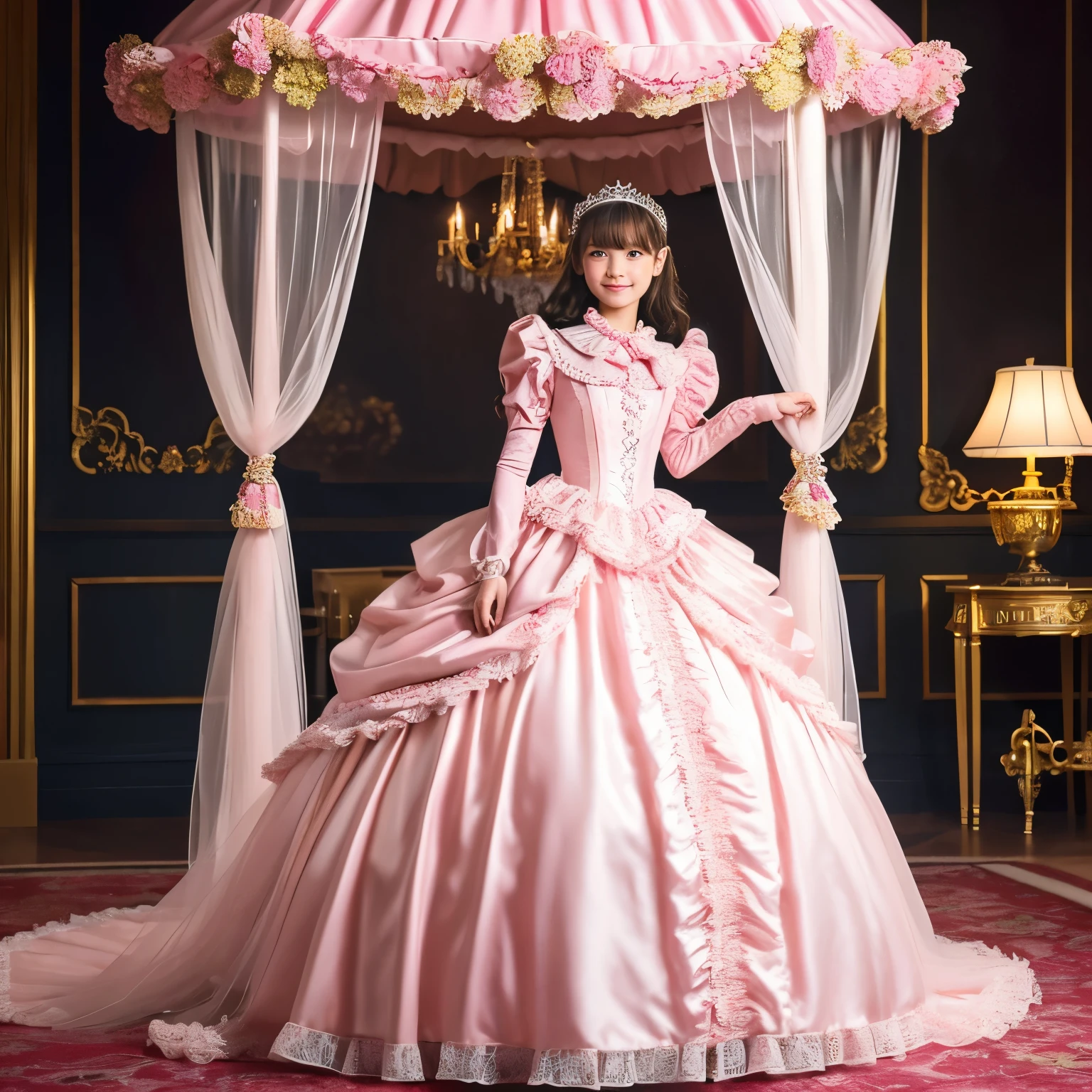 highest quality, masterpiece, highest resolution, artwork, super それにget used to it, many get used to it, get used to it, それにget used to it,,girl, (()),((10 years old)),girlはお姫様です,((girly dark pink satin fabric)), long hair that reaches to the waist,((Victorian ball gown dress with plenty of pink ruffles and bows and a voluminous full-length hoop skirt.)),long sleeve,long dress,A dress with lots of frills and ribbons....,luxury,((palace bedroom)),((Huge square victorian canopy king size bed)),(girlがベッドに座っている),lots of frilly pillows,ruffle bed skirt,