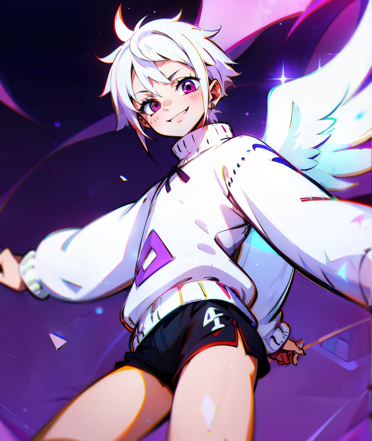 A non-binary person with angel dust style white hair, with red and purple eyes, smiling, wearing black shorts and white sweater with eyes covering it