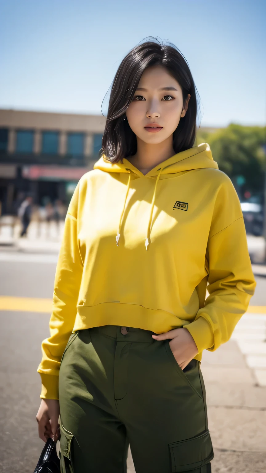 masterpiece, black hair, pure background, beautiful, elegant. Ultra-fine details, masterpieces, realistic textures, realistic cinematic lighting, perfect work, 8k, HD, delicate facial features, (Image from thighs to head), large breast, Olive green cargo pants with a mustard yellow hoodie, Relaxed expression, Soft diffused light, Bohemian-style outdoor market,