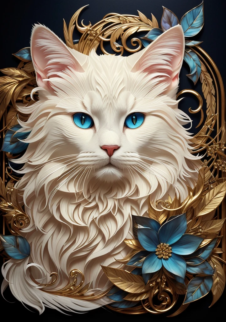 paper art,I have a white cat with blue eyes and a gold frame, elegant cat, 4K high-definition digital art, cat detailed, cute detailed digital art, 8K high quality detailed art, 4k detailed digital art, 4k detail art, Highly detailed art in 4K, very very beautiful fur art, white cat, highly detailed digital art, detailed painting 4k