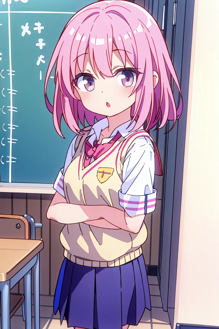Girl of short stature, pink hair brown eyes in school uniform 