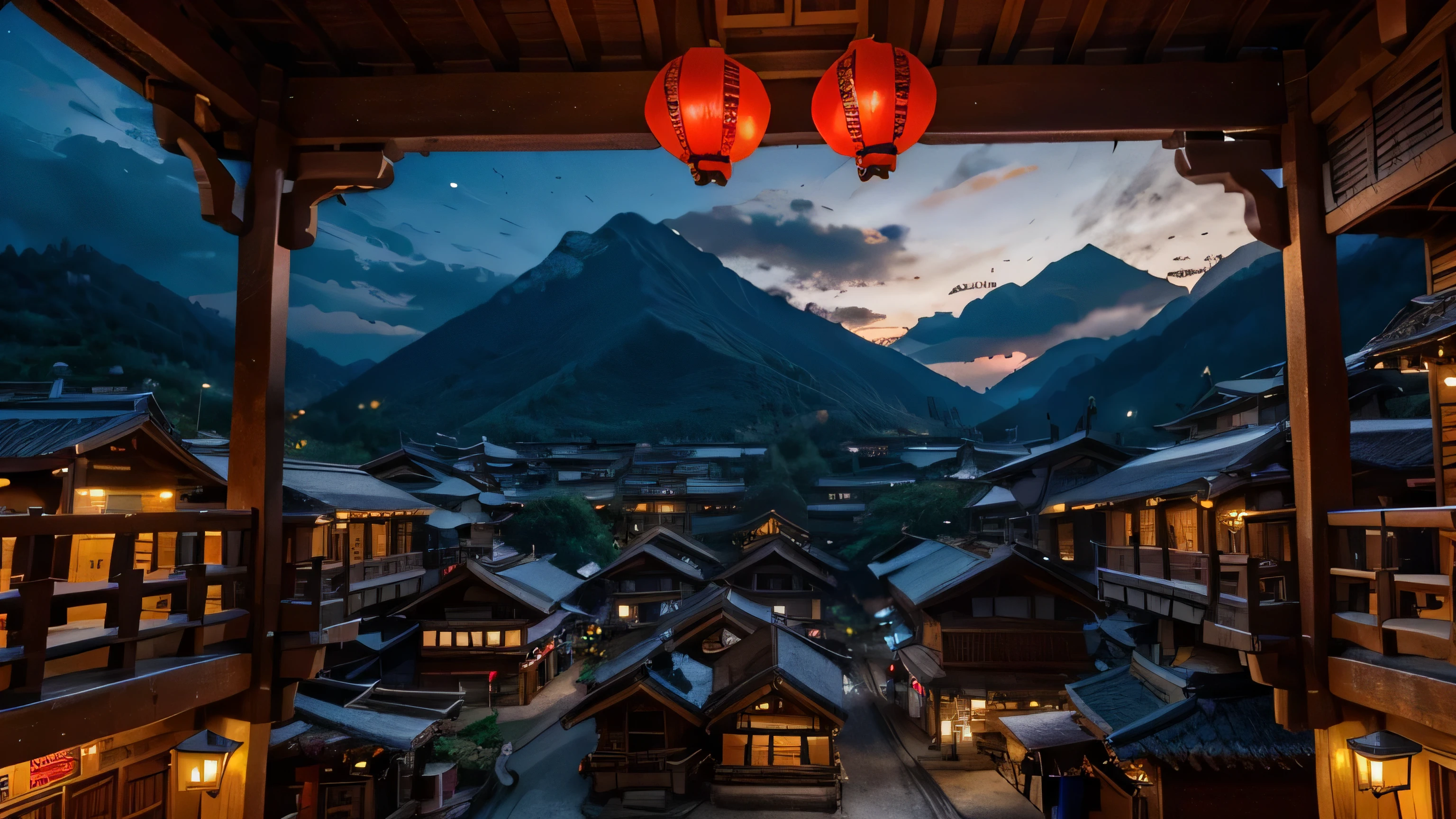 The background is the big mountain，real physical world，Brightly lit Miao village（night），large panorama（Aerial camera perspective），Aerial camera perspective，Miao stilt building（night），cantilevered building facade，Exquisite wooden details of the stilted building，吊脚楼上Hang red lanterns，Hang red lanterns，