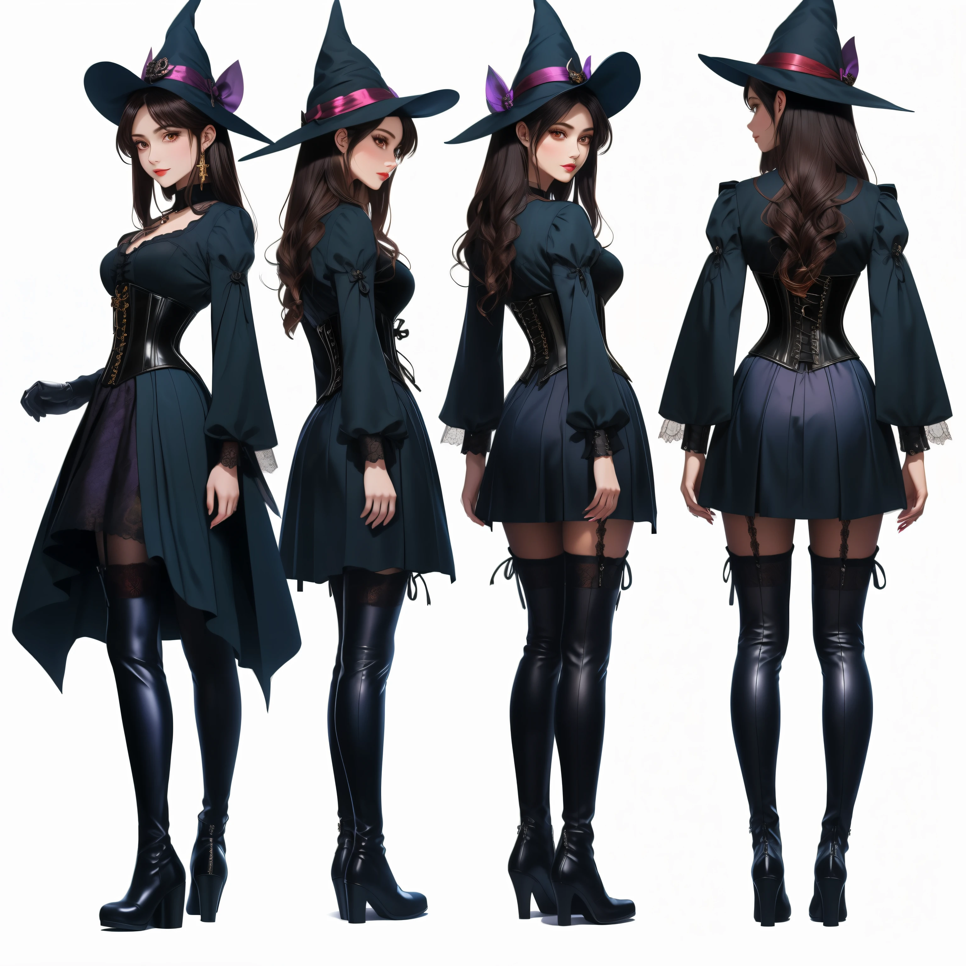 ((masterpiece)),(((best quality))),(Character design sheet, same character, ""front view, side view, back view"), illustration, 1 girl in, long black hair , golden eyes, genshin impact style, purple magical girl style witch clothing, full body, corset, blouse, skirt, thigh-tight stockings, leather boots and gloves, digital background, casting shadow.