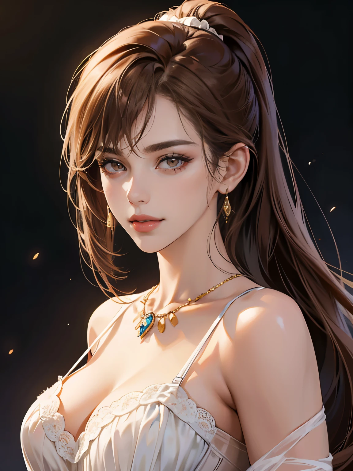 masterpiece, best quality, realistic, 1woman, no smile and charming young woman, 30 year old, happy look, portrait, extremely detailed face, White eyes color, [thick eyebrow] Beautiful, full body, western, Jewish, smile face, red lips, brown hair color, jewelry, Necklace, big , masterpiece, best quality, realistic, one mature female, extremely detailed face, ((length brown hair)), slender, Extremely delicate and elegant face, Sexy and feminine, cinematic lighting, no makeup, Victorian era, (whole portrait), wearing white lingerie, add bangs hair, look at viewer, white lingerie, night background, bangs hair, add ponytail hair,